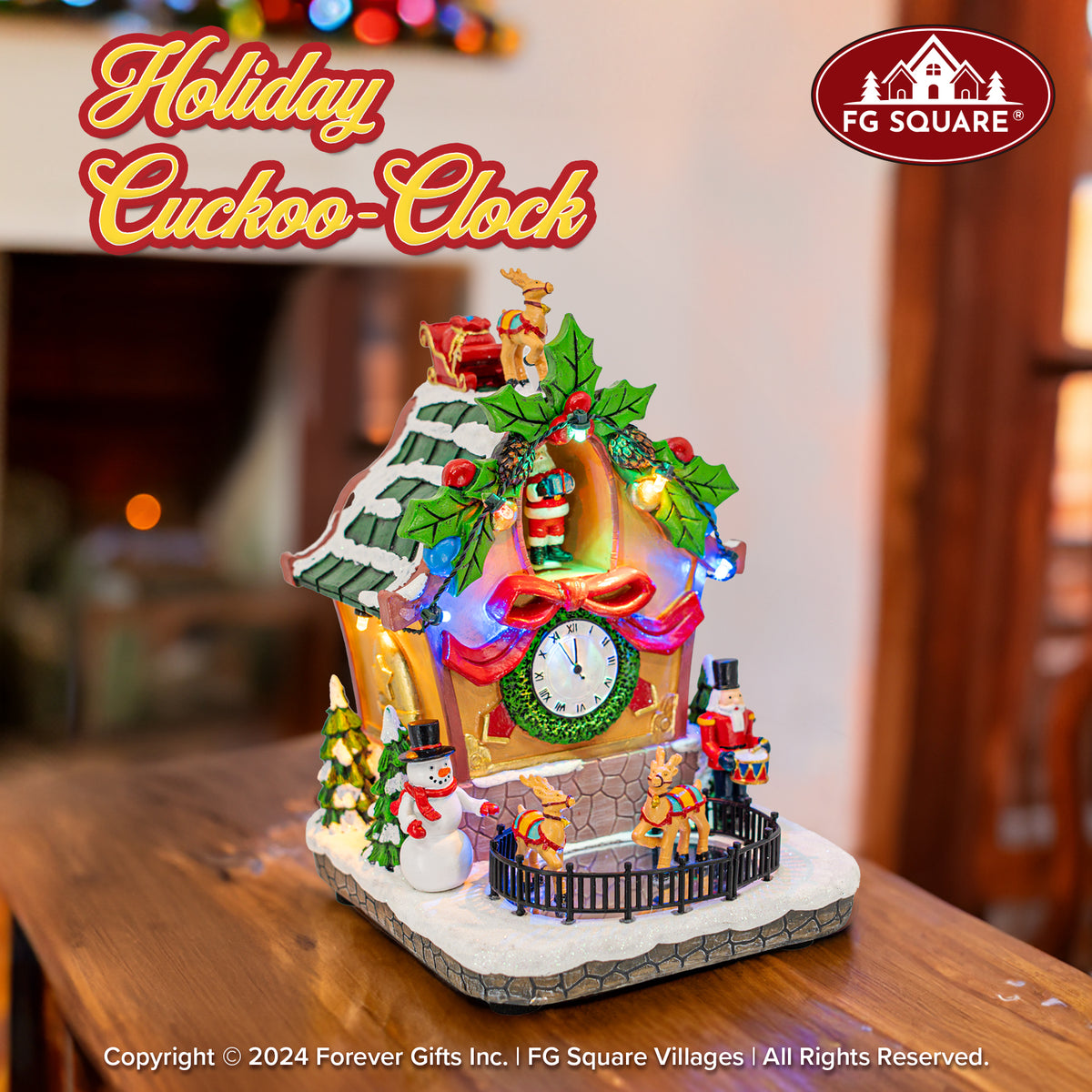Holiday Cuckoo Clock with Animated Santa – Christmas Village Decoration