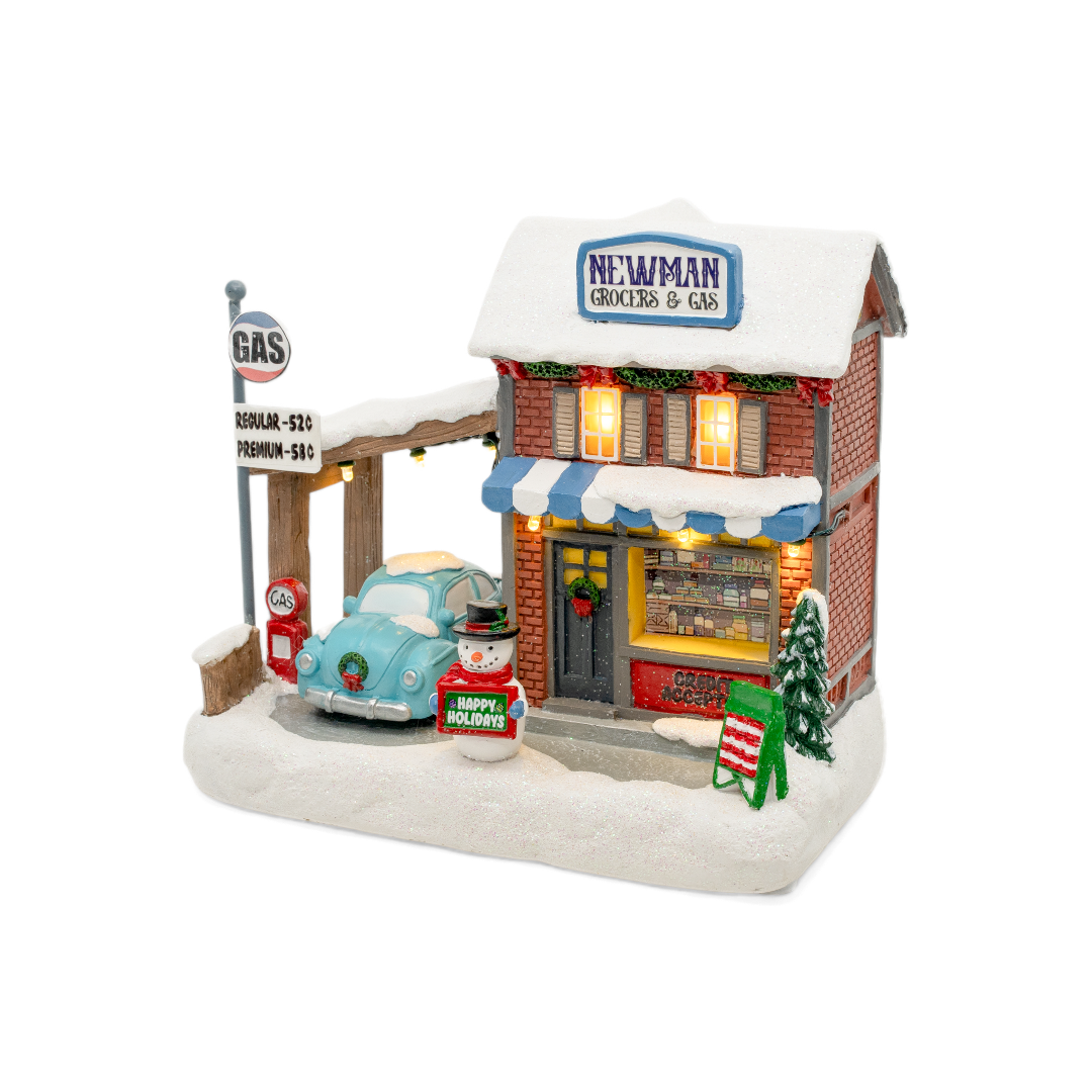 Newman's Grocers & Gas – Lighted Christmas Village Piece