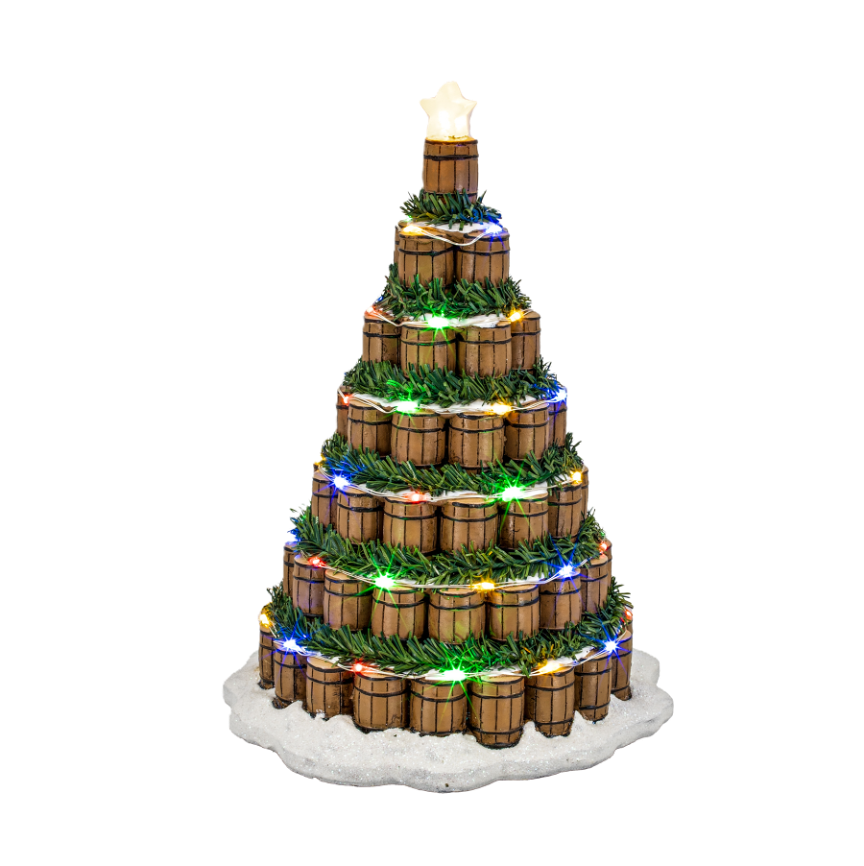 Whiskey Barrel Christmas Tree – Lighted Village Decoration