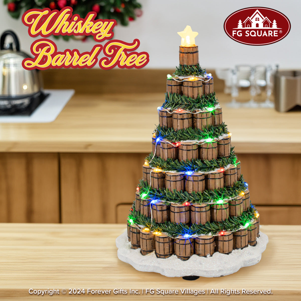 Whiskey Barrel Christmas Tree – Lighted Village Decoration