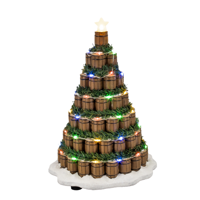 Whiskey Barrel Christmas Tree – Lighted Village Decoration