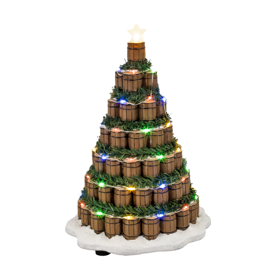 Whiskey Barrel Christmas Tree – Lighted Village Decoration
