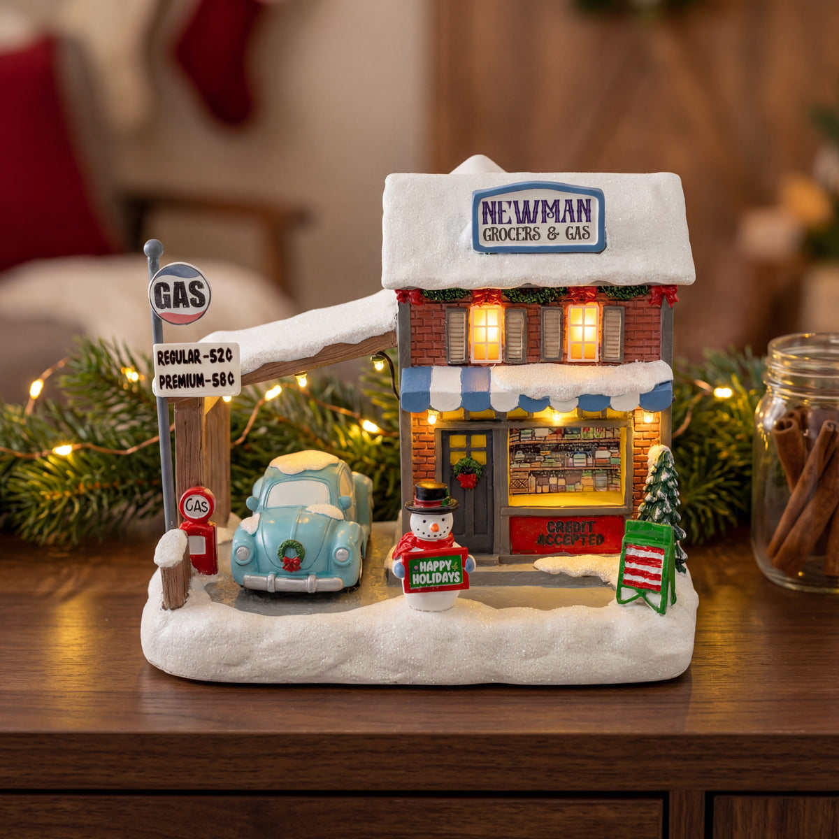 Newman's Grocers & Gas – Lighted Christmas Village Piece